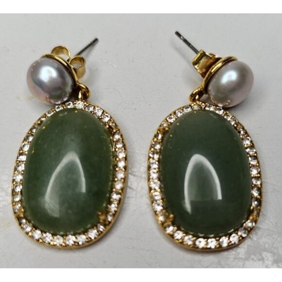 J Crew Large Baldwin Pave Stone Freshwater Pearl Drop Apple Green Earrings - Picture 3 of 5